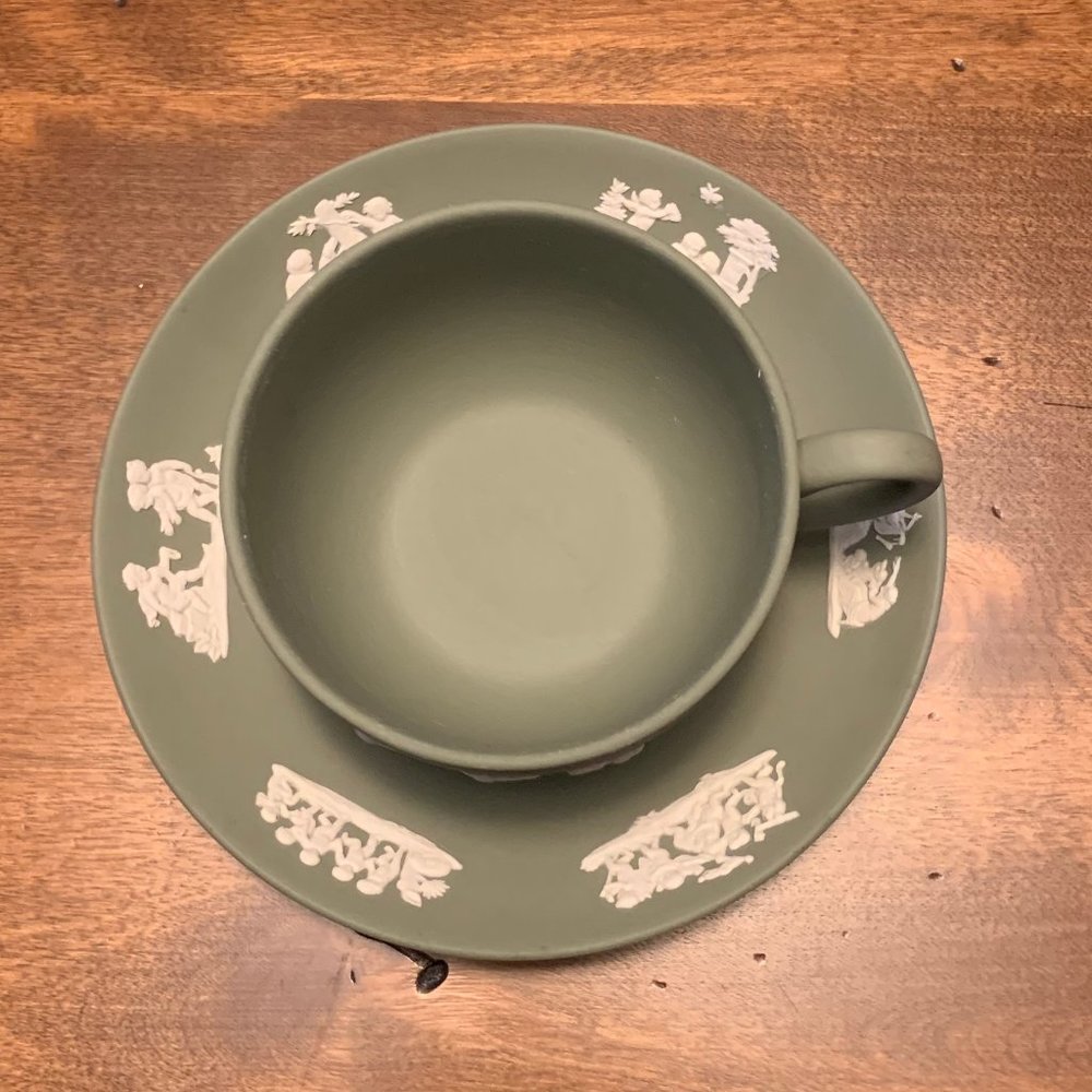 Vintage Wedgwood Sage Green Jasperware Teacup and Saucer Set - Picture 6 of 10